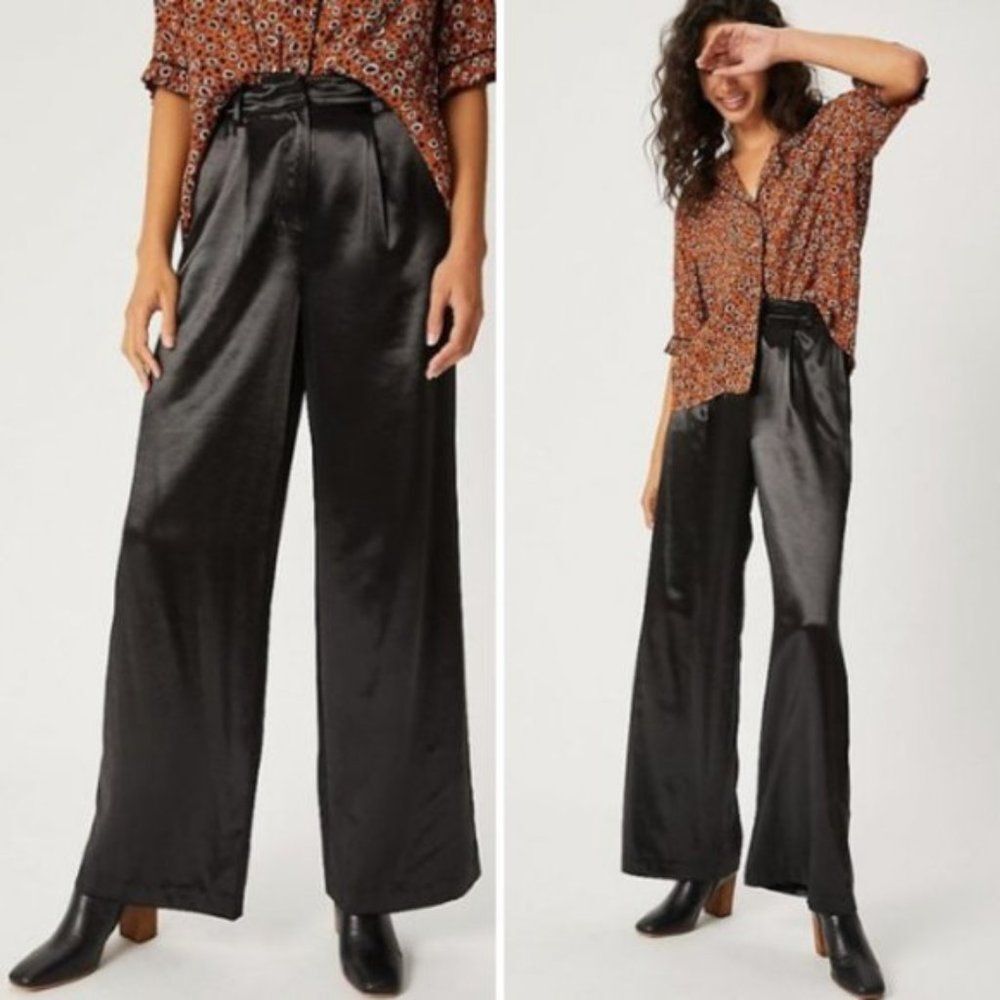 NWT Anthropologie Amaline Black Satin Wide-Leg Pants | XS